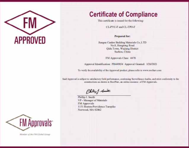 Internacional CANLON |Las membranas CL-PVC/CL-TPO están aprobadas por US FM